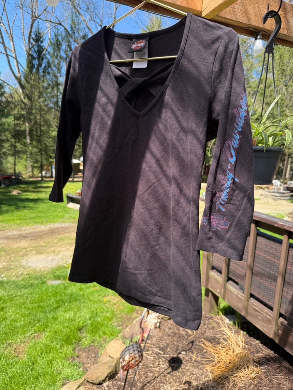 Harley-Davidson Black V-Neck Long Sleeve Top with Crisscross Detail